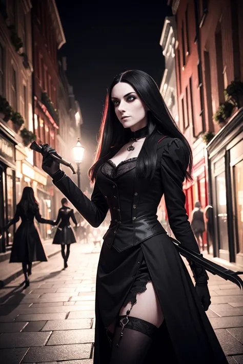 female gothic vampires hunting in soho at night. volumetric cinematic lighting. hammer horror style. 1870s london. f/1.4, ISO400, 50mm, sharp focus.