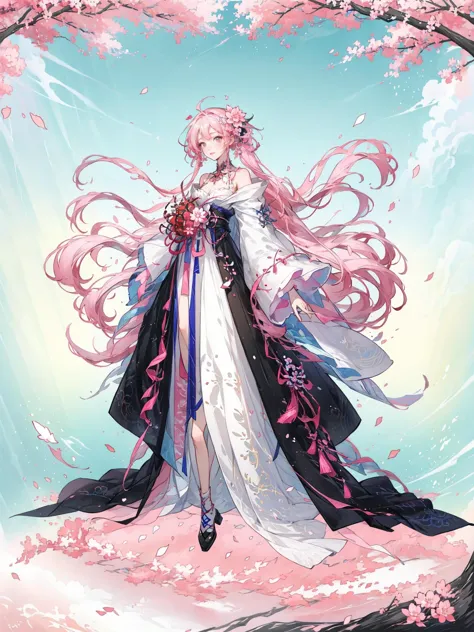 HEZI,a woman in a white dress standing in front of a tree with pink flowers on it and a blue sky,Chizuko Yoshida,rossdraws global illumination,a detailed painting,<lora:çå­ç³»åââé´é³å¸ç«ç»:0.6>,