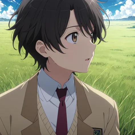 <lora:AZ_Inaho_XL:0.7>,<lora:DetailedEyes_V3:1.6>,looking away,looking up,
solo,
anime screencap,best quality,masterpiece,
Soujirou Agata,1boy,brown eyes,black hair,
school_uniform,jacket,necktie,white sweater,black pants,grassland,blue sky,wind,