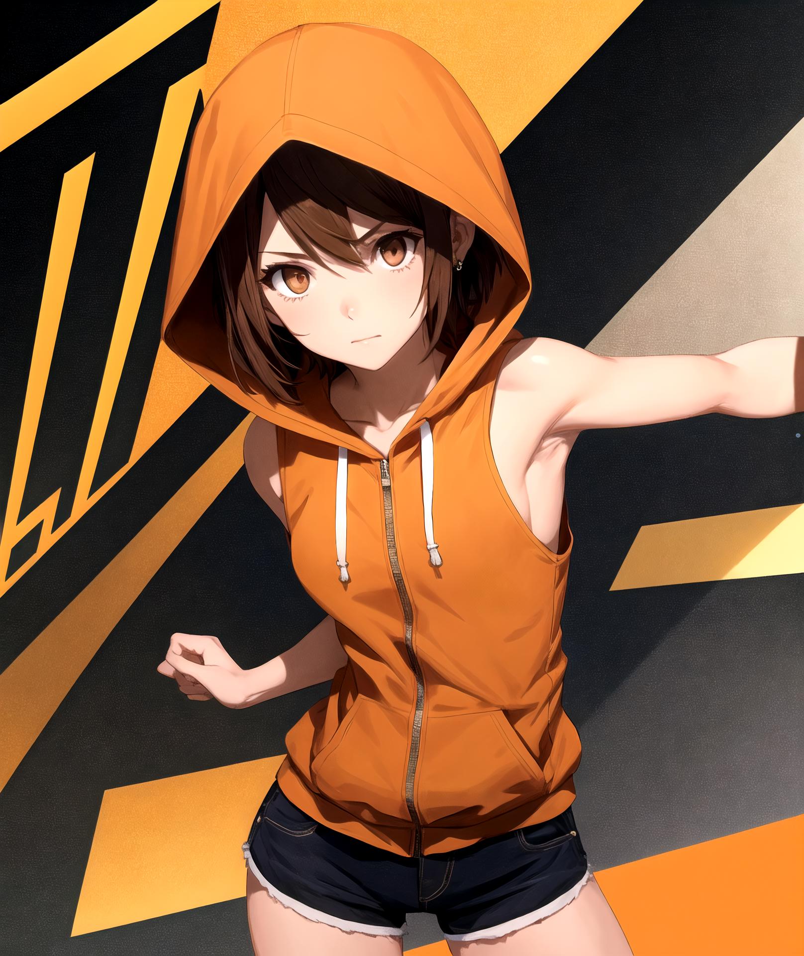 Anime girl in orange hoodie posing in front of a yellow and black background SeaArt AI