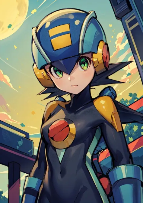 (masterpiece),(intricate details),1girl,female,small breasts,megaman,bodysuit,black hair,closed mouth,closeup,green eyes,helmet,...
