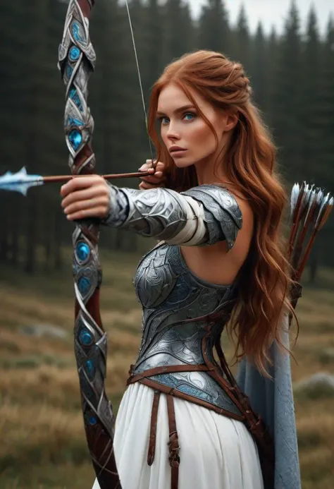 Photorealistic image ((Masterpiece)), ((high quality)) UHD 8K, of a real (Viking archer goddess, Hilda), strong, ((slim body)), ...