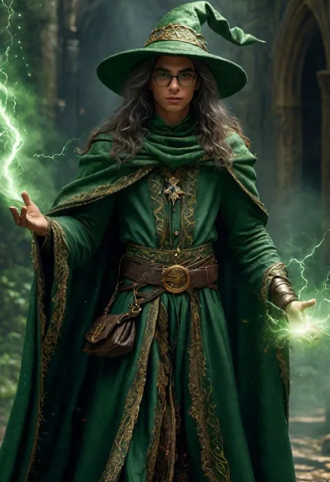 super realistic image, high quality uhd 8K, of 1 boy with round glasses, detailed realistic ((slim body, high detailed)), ((tall model)), brunette hair, high detailed realistic skin, ((fantasy wizard's tunic with green long skirt and intricate details, several belts at the waist)), ((green wizard's magic cape, mysterious atmosphere)) ((wizard's peaked hat)) ((casting magic lightning spells)), real vivid colors, standing