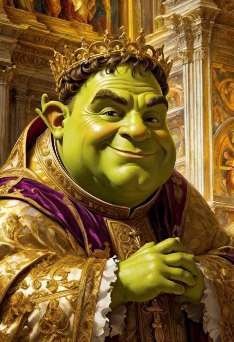 sense of depth and intrigue, digital brush strokes, computer graphics graphic illustration, Shrek as the pope in Sistine chapel ...