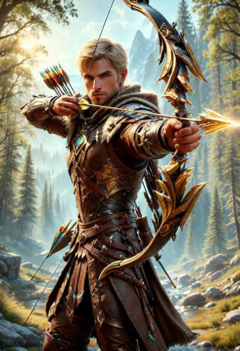 a man in a brown outfit holding a bow and arrow