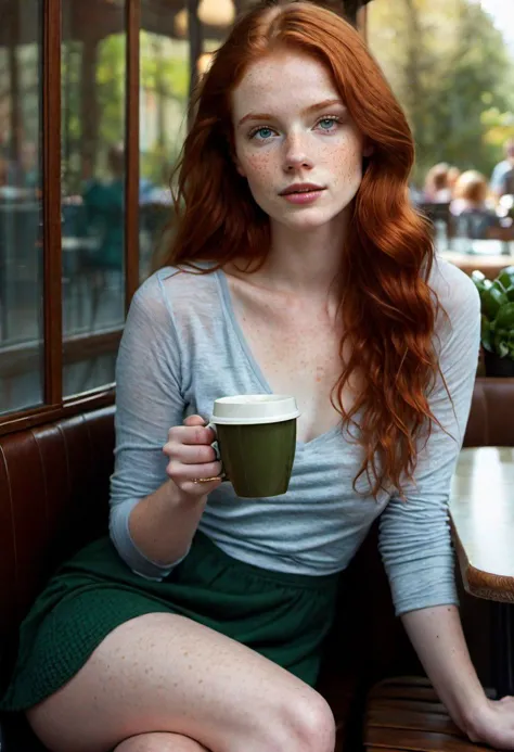 1 girl age 19, solo, aesthetic artwork, irish redhead, long wavy ginger hair, grayeyes light, some small freckles, pale skin, A-...