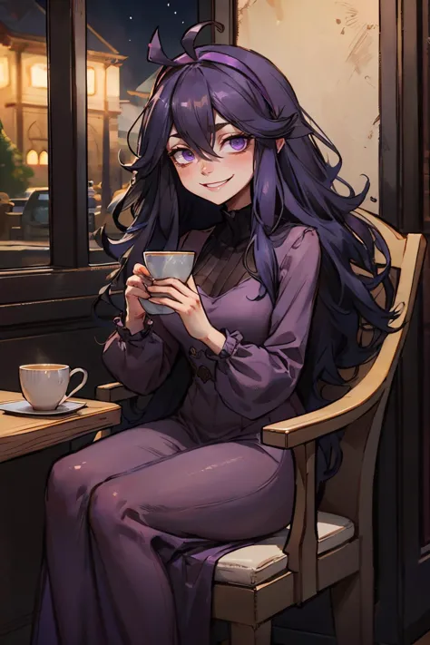 anime girl sitting in a chair with a cup of coffee