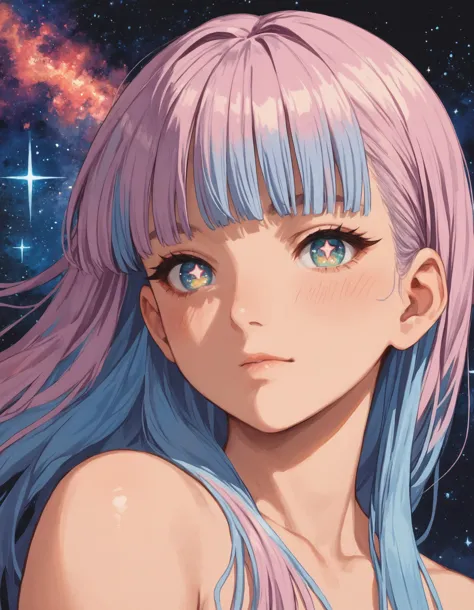 score_9, score_8_up, score_7_up, score_6_up, score_5_up, rating_questionable,  source_anime,  1girl, portrait, galaxy pupils, close up, multicolored hair, fringe, bare shoulders,