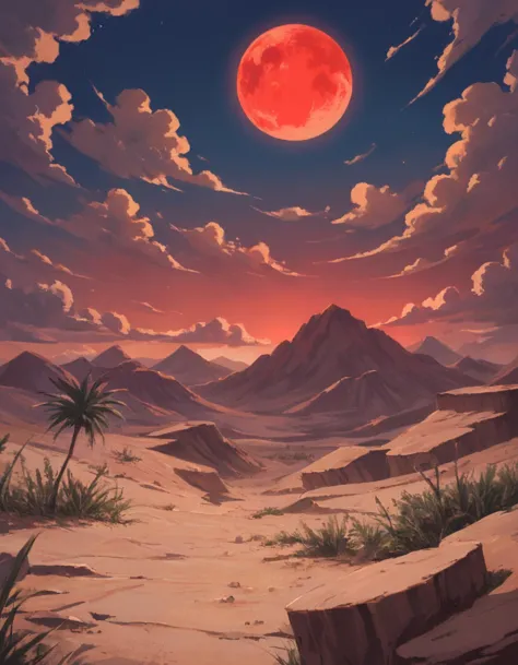 score_9, score_8_up, score_7_up, score_6_up, score_5_up, score_4_up, BREAK sky, cloud, no humans, night, moon, cloudy sky, scenery, full moon, spikes, desert, red sky