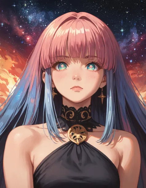 score_9, score_8_up, score_7_up, score_6_up, score_5_up, rating_questionable,  source_anime,  1girl, portrait, galaxy pupils, close up, multicolored hair, fringe, bare shoulders , upper body,