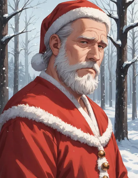 score_9, score_8_up, score_7_up, score_6_up, score_5_up, score_4_up, rating_safe, 1boy, solo, santa claus, white beard, snow, trees,  old man, sad, hat,