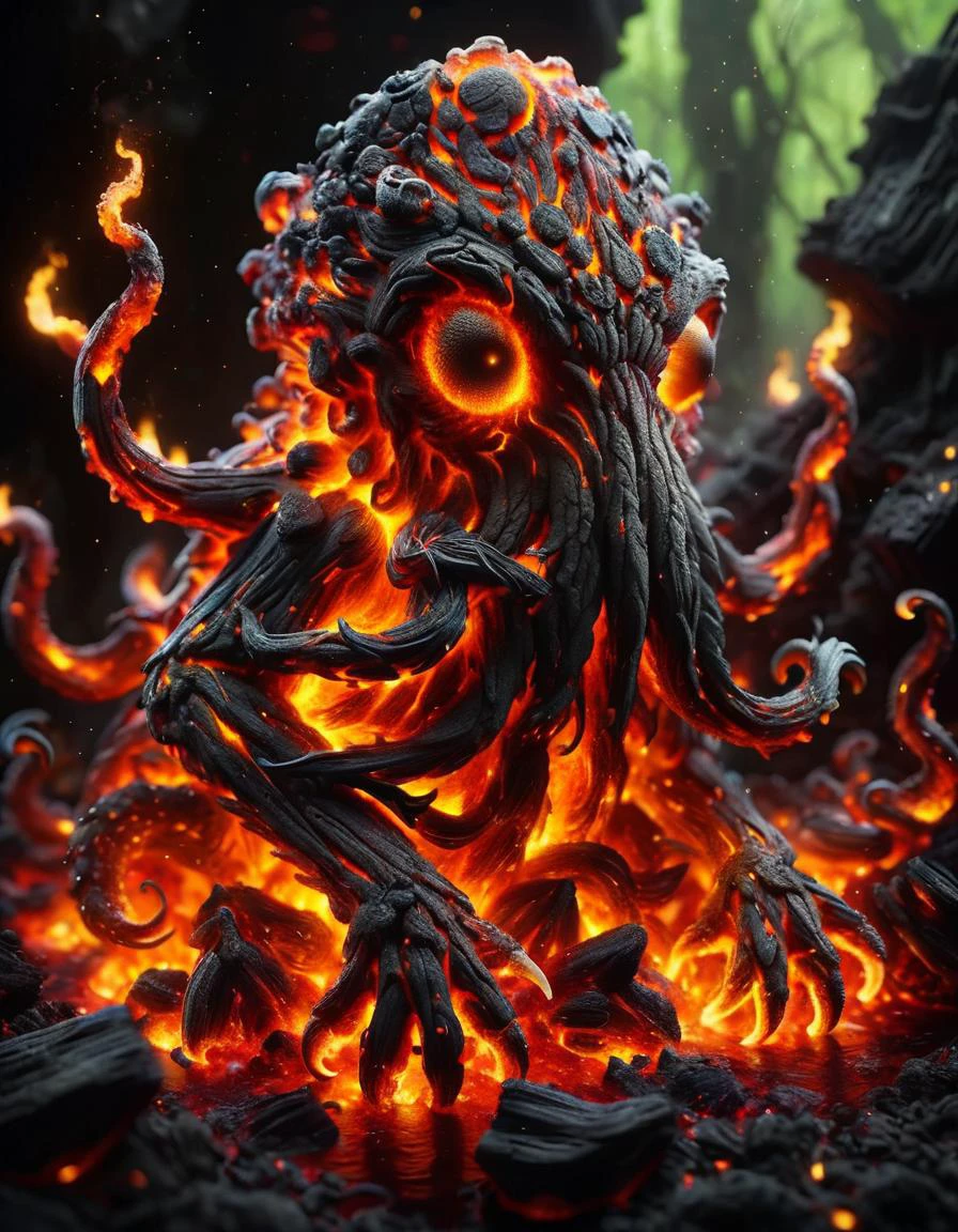 A cute colorful fluffy cthulhu, wildlife photography, in a ral-lava swamp, 4K UHD, 8K UHD, High-definition, capturing highest detailed, 4k, uhd, hdr ral-embrglt