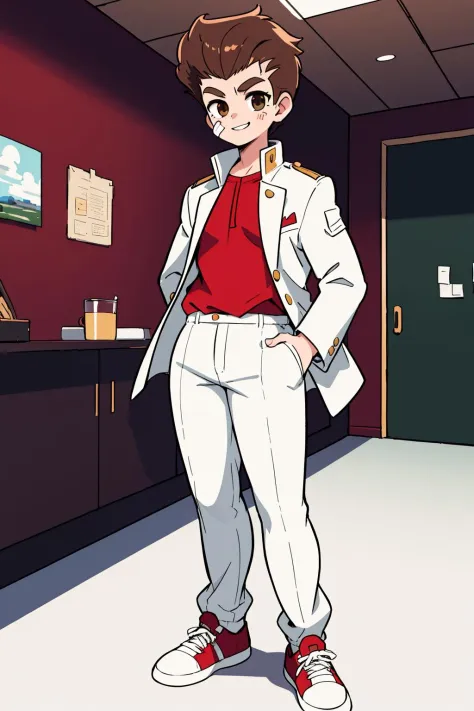 (masterpiece, best quality, highres:1.2),  (kunio-kun:1.25), 1boy, brown hair, pompadour, thick eyebrows, brown eyes, solo, white jacket, red shirt, white pants, shoes, [bandaid on face:0.3], smile, simple background, indoors, standing, full body 