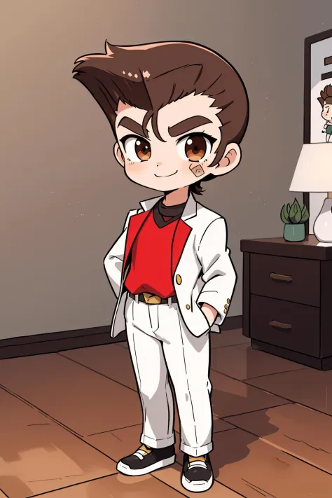 (masterpiece, best quality, highres:1.2),  (kunio-kun:1.25), 1boy, chibi, brown hair, pompadour, thick eyebrows, brown eyes, solo, white jacket, red shirt, white pants, shoes, [bandaid on face:0.3], smile, simple background, indoors, standing, full body <lora:kuniotest:0.8>