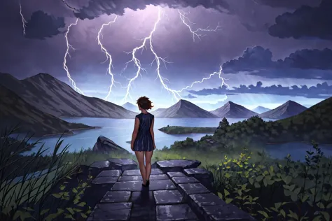 <lora:blues_20240115150616-000018:1> blues, dark scene,  a girl standing alone in a thunderstorm viewed from behind, in front of...