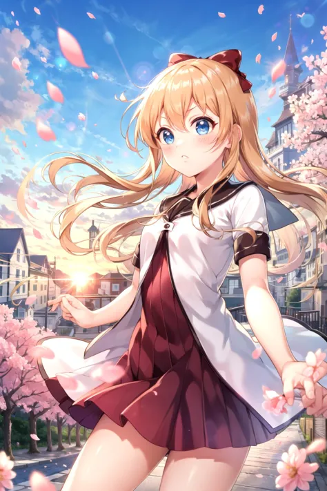 masterpiece, best quality, 1girl,  <lyco:Kyouko-000012:1.0>, toshino kyouko, bow, sailor dress, sunset, lens flare, retro townscape, blush, cherry blossom, floating petals