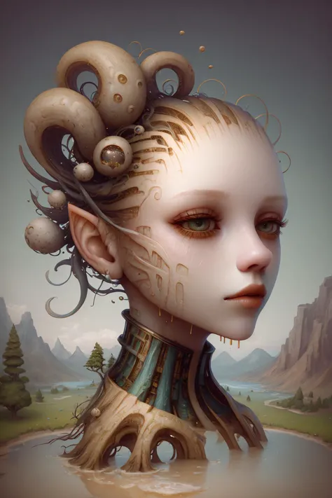 a head flying in the sky and turning into octopus with squids instead of hair, surrealistic landscape with a grassy area and a l...