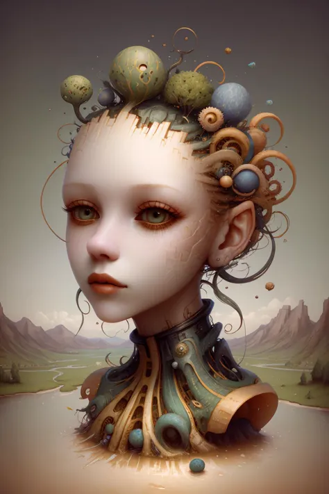 a head flying in the sky and turning into octopus with squids instead of hair, surrealistic landscape with a grassy area and a lake on the foreground and trees and mountain on the background, abstract shapes and dead black tree growing on the head while head flying in the sky, liquid flash, balls, 3D artwork by AIDA_NH_humans, surrealistic portrait in style of AIDA_NH_humans oil painting, impressionism, cyberpunk, isometric_dreams, kkw-ph1