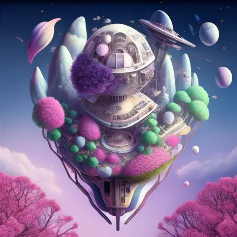 a photo of the weird Isometric_Dreams, a flower floating in the air next to a building with a butterfly on top of it and a space station in the background