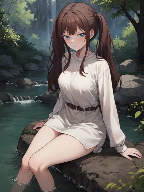 anime girl sitting on a rock in a river with a waterfall in the background