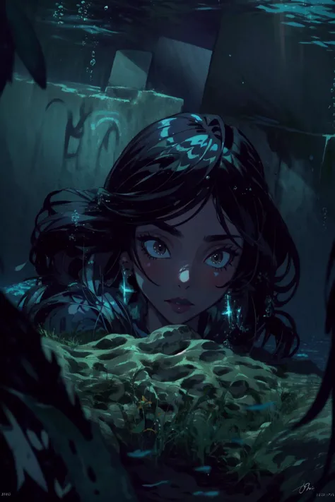 (masterpiece, best quality),  intricate details, 8k, artstation, wallpaper, official art, splash art, sharp focus,
(1girl:1.2),   jasmine,  
 UNDERWATER_SCENE, aqua,   dark theme,