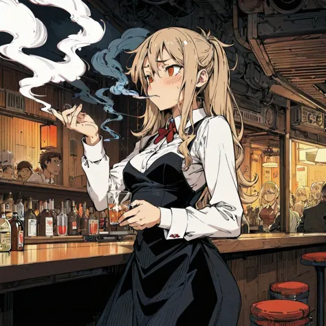 anime girl smoking a cigarette in a bar with a bar stool