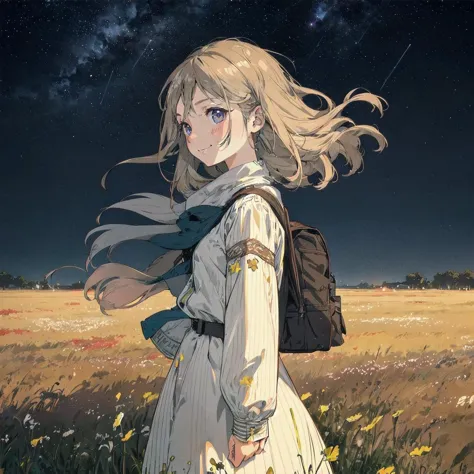 anime girl with backpack walking through a field of flowers