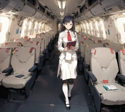 there is a woman in a white dress and red tie walking through an airplane