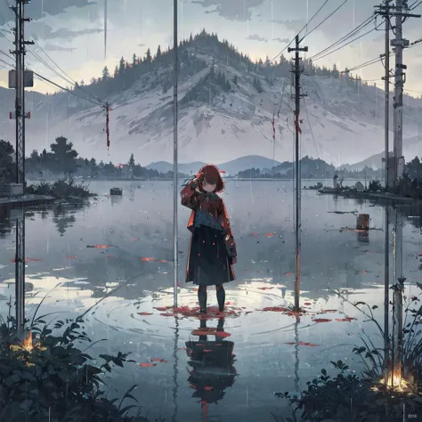 best_quality,Raw,illustration,(muted color,partially colored:0.8),detailed linear hatching\(texture\),official art,recolored,flat color,1girl,bloody_rain,reflection,lake,