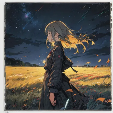 best_quality,Raw,illustration,(muted color,partially colored:0.8),detailed linear hatching\(texture\),official art,recolored,flat color,
night,1girl,from side,blowing wind,meadow,light_streamer,