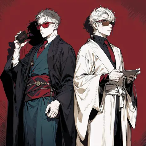 two men in robes and sunglasses stand next to each other