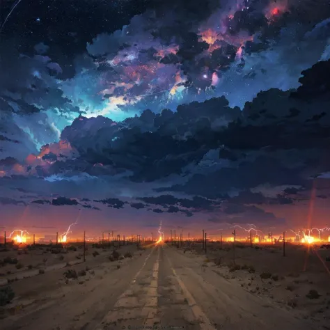 a dirt road with lightnings and stars in the sky