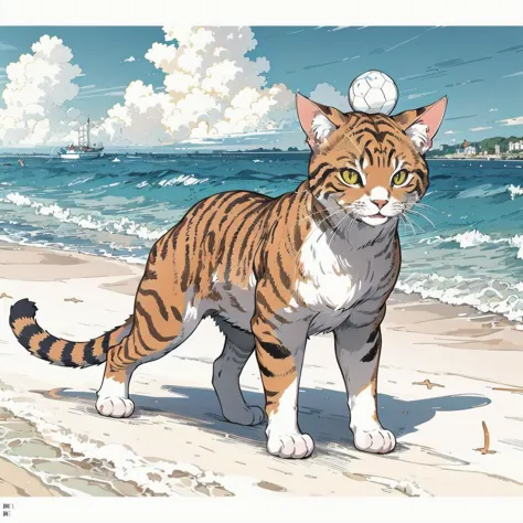 masterpiece,illustration,(muted color,partially colored:0.8),hand_drawn,detailed linear hatching\(texture\),official art,recolored,flat color,cat,beach,playing ball,