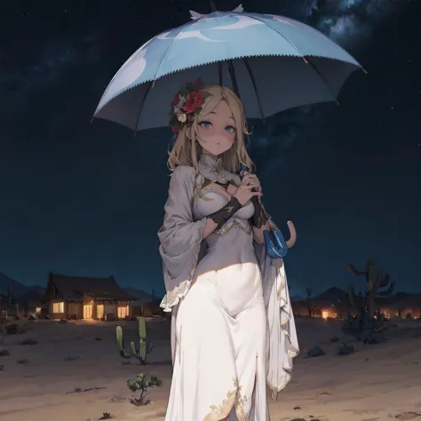 anime girl in white dress holding an umbrella in desert area