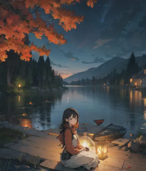 a girl sitting on a dock with a lantern in her hand