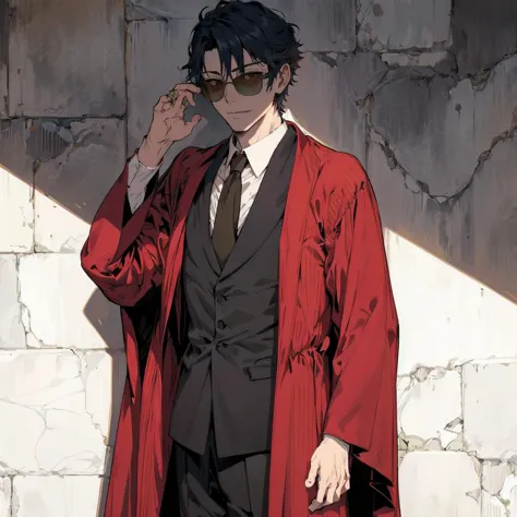 anime character dressed in a red robe and black tie