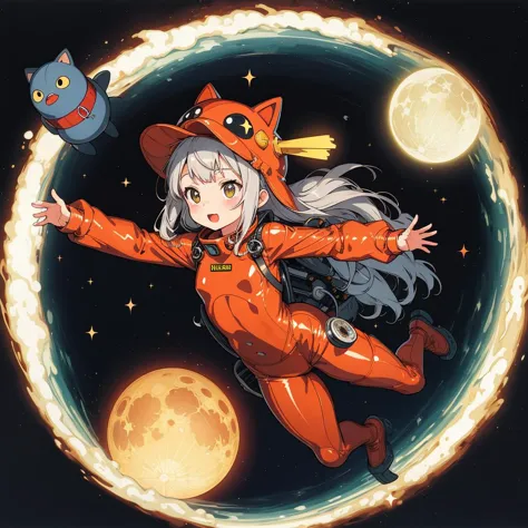 anime girl in orange cat suit flying through a circle of fire