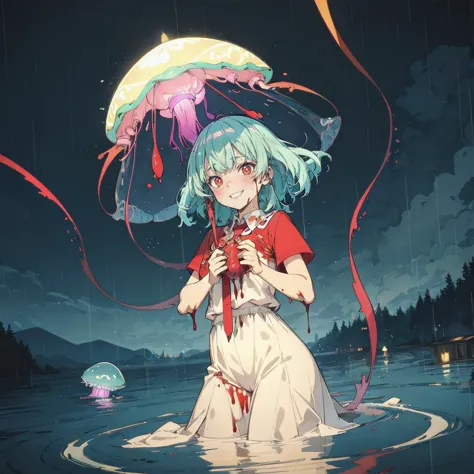 best_quality,Raw,illustration,(muted color,partially colored:0.8),detailed linear hatching\(texture\),official art,recolored,flat color,1girl,smile,bloody_rain,reflection,glowing jellyfish,lake,