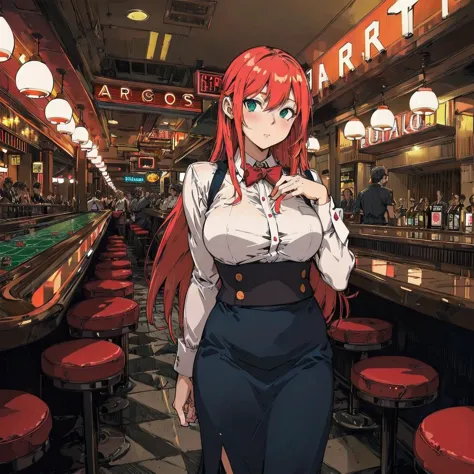 anime girl in a restaurant with red hair and a white shirt