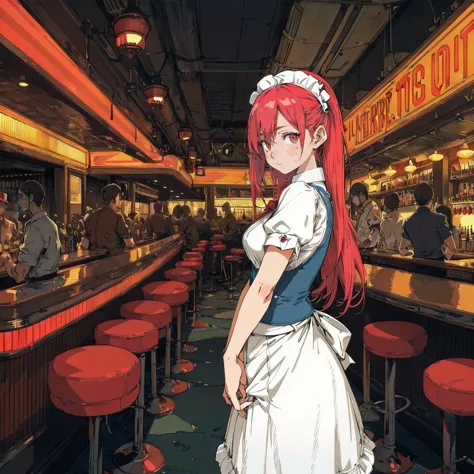 anime character in a restaurant with red stools and a bar