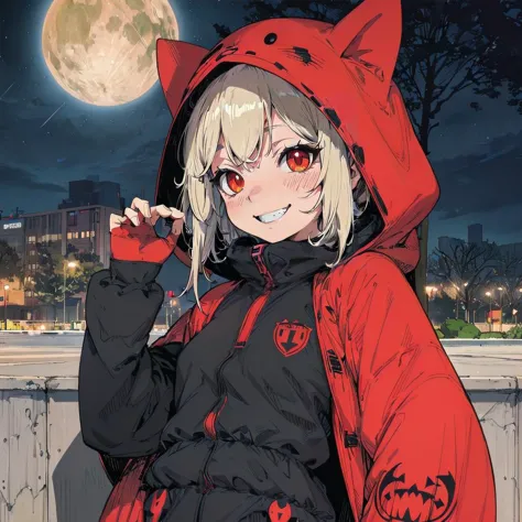 anime girl in red and black outfit with red cat ears