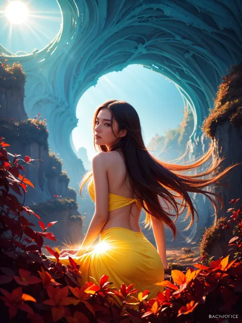 a painting of a woman with long hair, a digital painting by Cyril Rolando, Artstation, fantasy art, detailed painting, digital painting, behance hd, (Sunlight:1.4), (Backlight:1.4), (Rim lighting:1.4)