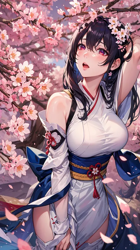 8k, (masterpiece, top quality, beautiful and aesthetic:1.2), (big breasts:0.7), glowing body, sakura, 1girl, solo, hanbok, falling sakura petals, full body, sexy