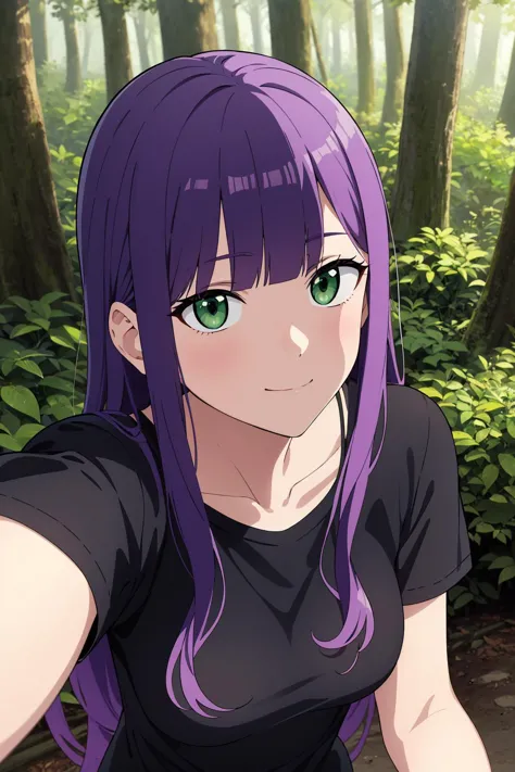 (masterpiece), best quality, expressive eyes, perfect face, solo,
long hair, wavy hair, blunt bangs, purple hair, green eyes, medium breasts, black t-shirt, selfie, short sleeves, light smile, 
forest, portrait, from above, from side,