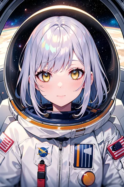 masterpiece, best quality, close-up, space, astronaut, silver hair, yellow eyes, messy hair, space helmet,