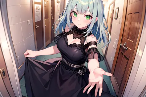 masterpiece, best quality, green eyes, silver hair, medium breasts, black dress, hallway, fisheye, close-up,