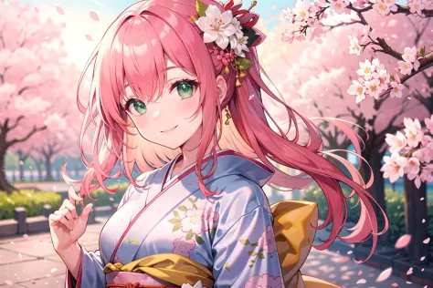 masterpiece, best quality, close-up, pink hair, green eyes, smile, outdoors, cherry blossoms, kimono, bokeh,