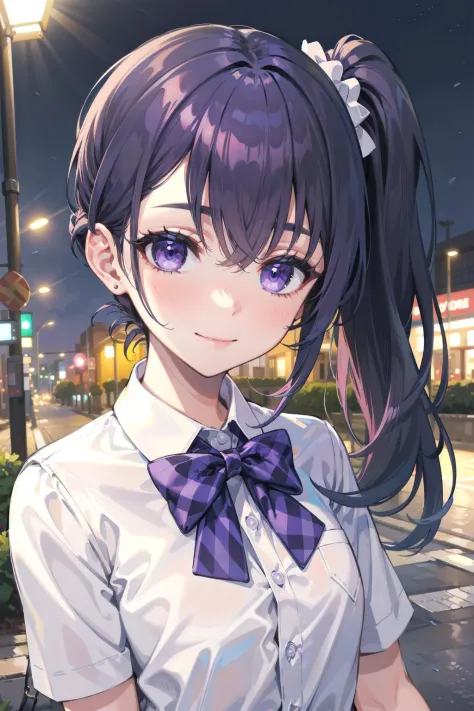 masterpiece, best quality, long hair, purple hair, purple eyes, side ponytail, close-up, smile, + +, outdoors, close-up, night, ...