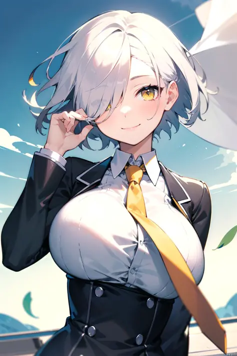 masterpiece, best quality, outdoors, short hair, silver hair, yellow eyes, hair over one eye, wind, close-up, large breasts, (ne...