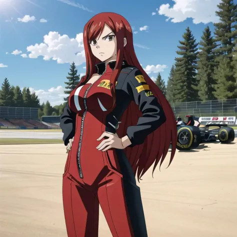 <lora:erza_v1:0.8>, fairy tail, 1girl, long hair, red hair, brown eyes, hair over one eye, outdoors, racing track, ((formula one car)), ((red racing car)), absolute Cleavage, open zipper, very low zipper, red racing suit, body suit, crotch zipper, standing outside, race garage in the background, <lora:Racing_Suit:0.5>, crowd, serious, sweating, crossed arms, trees, looking to viewer